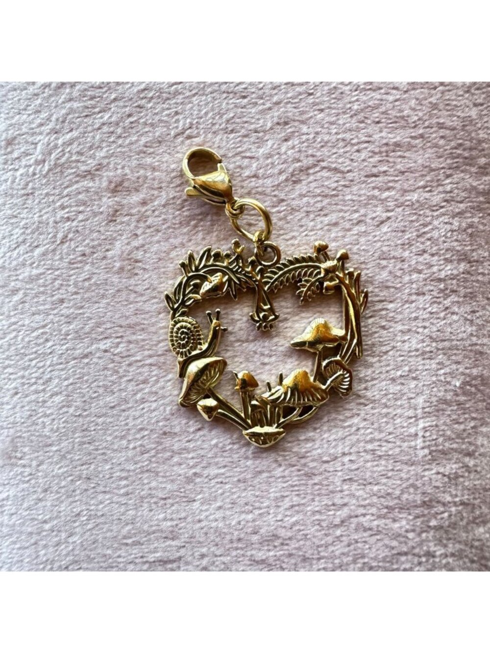 Heart-Shaped Forest Charm w/ Mushrooms & Snail Lobster Claw Clasp - Picture 12 of 14